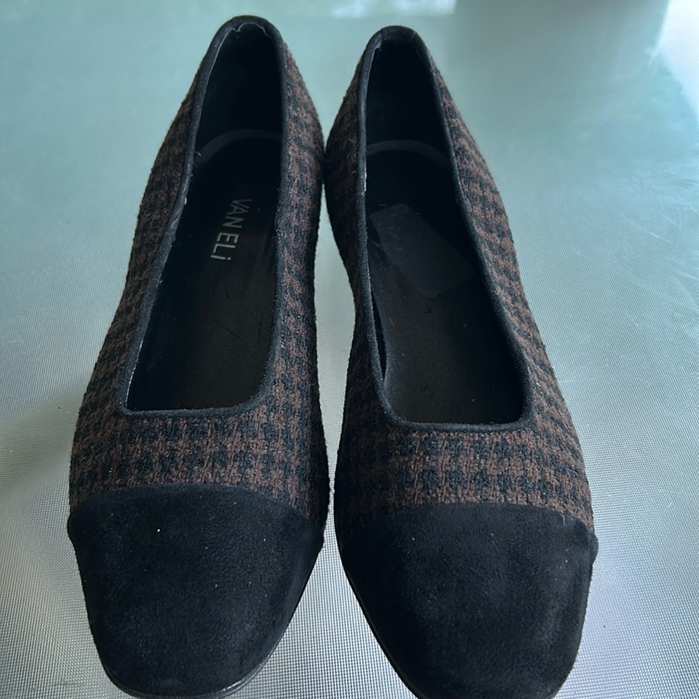 Van‎ Eli Frankie Houndstooth Suede Heeled Ballet Flat Women’s Sz 8 W Brown Black